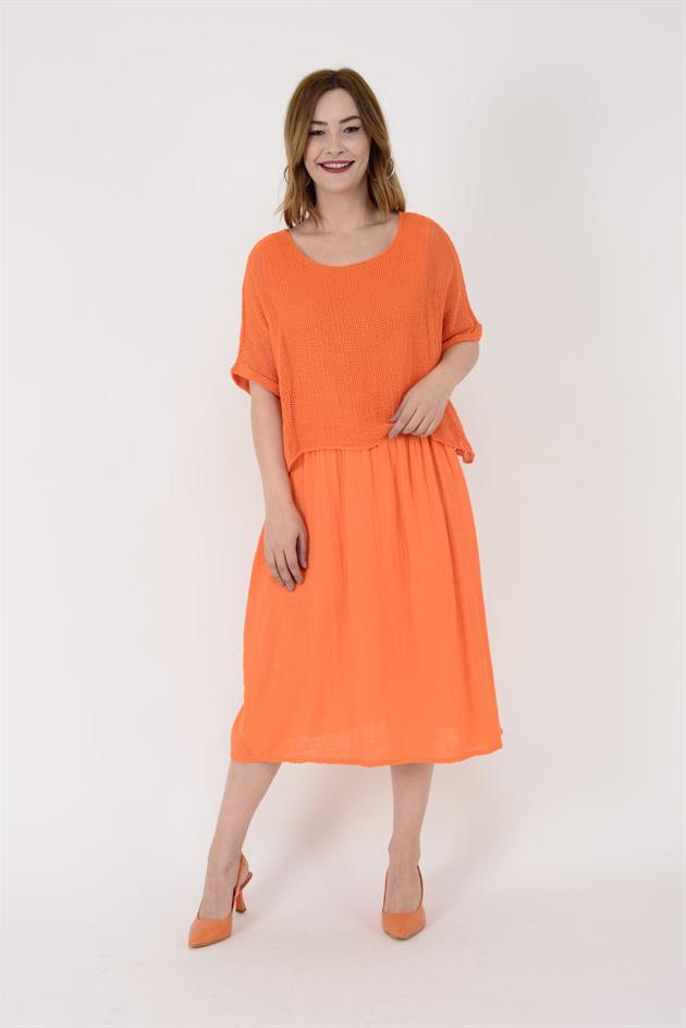 19056 DUAL KATLI KETEN ELBİSE