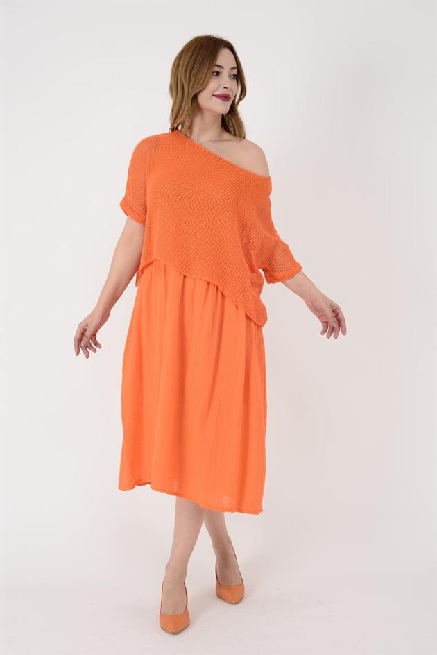 19056 DUAL KATLI KETEN ELBİSE