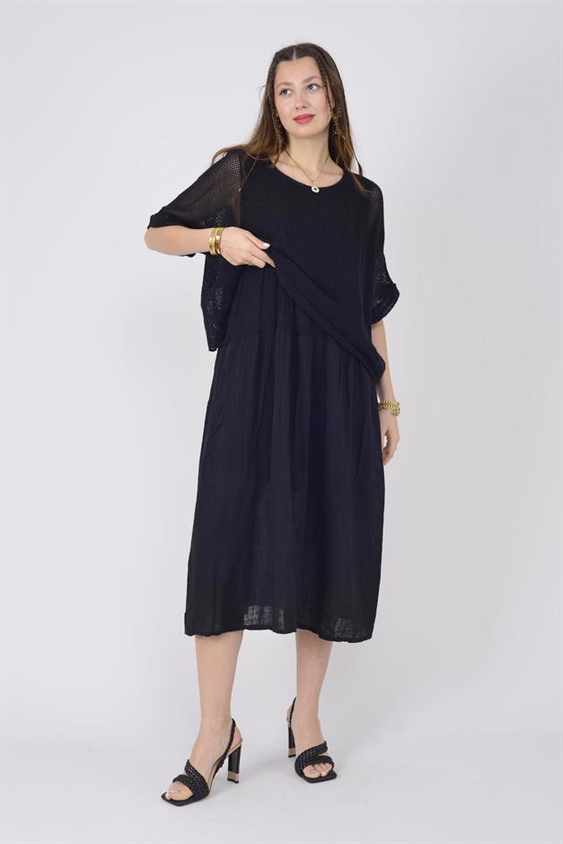 19056 DUAL KATLI KETEN ELBİSE