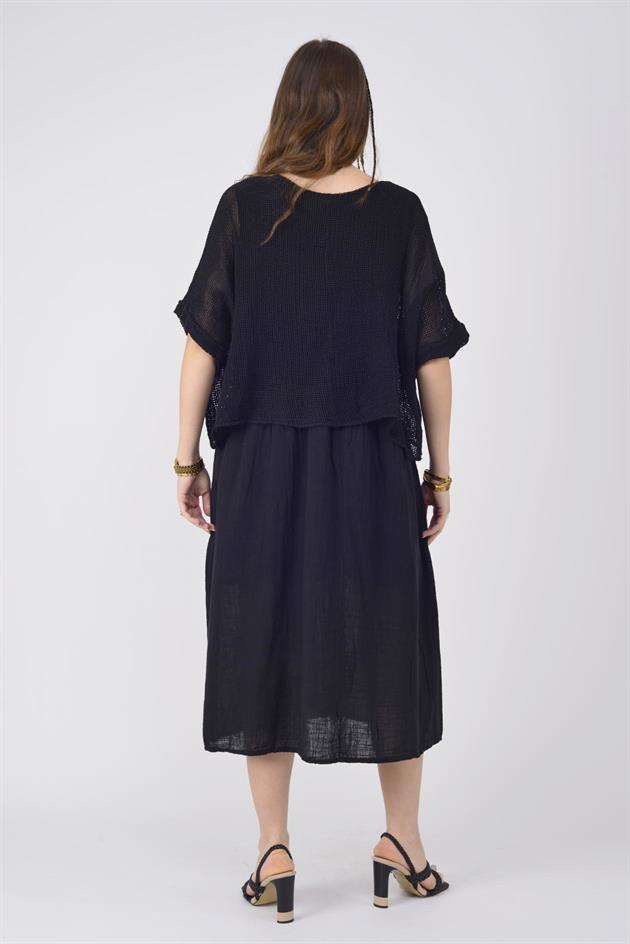 19056 DUAL KATLI KETEN ELBİSE