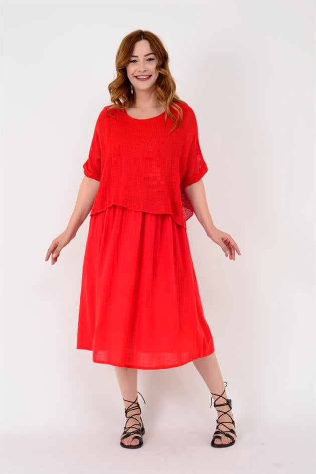 19056 DUAL KATLI KETEN ELBİSE