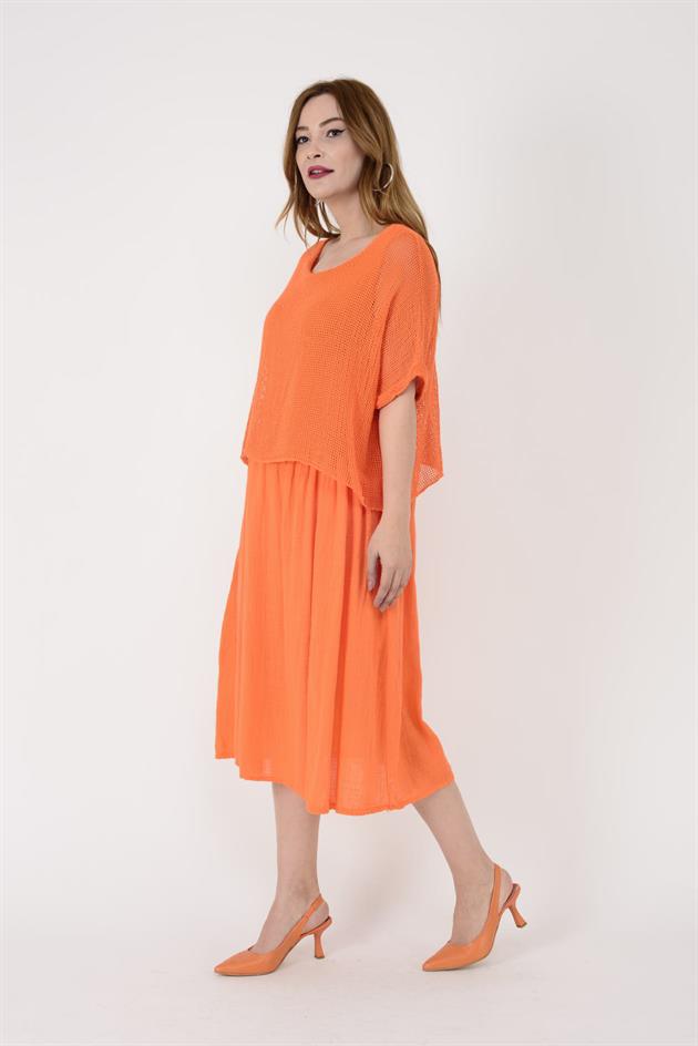 19056 DUAL KATLI KETEN ELBİSE