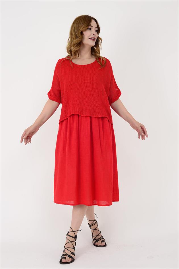 19056 DUAL KATLI KETEN ELBİSE