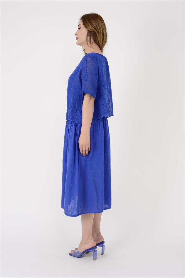 19056 DUAL KATLI KETEN ELBİSE