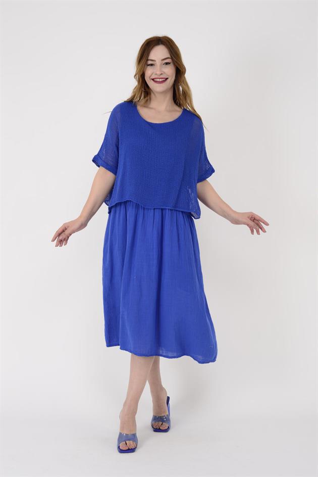 19056 DUAL KATLI KETEN ELBİSE