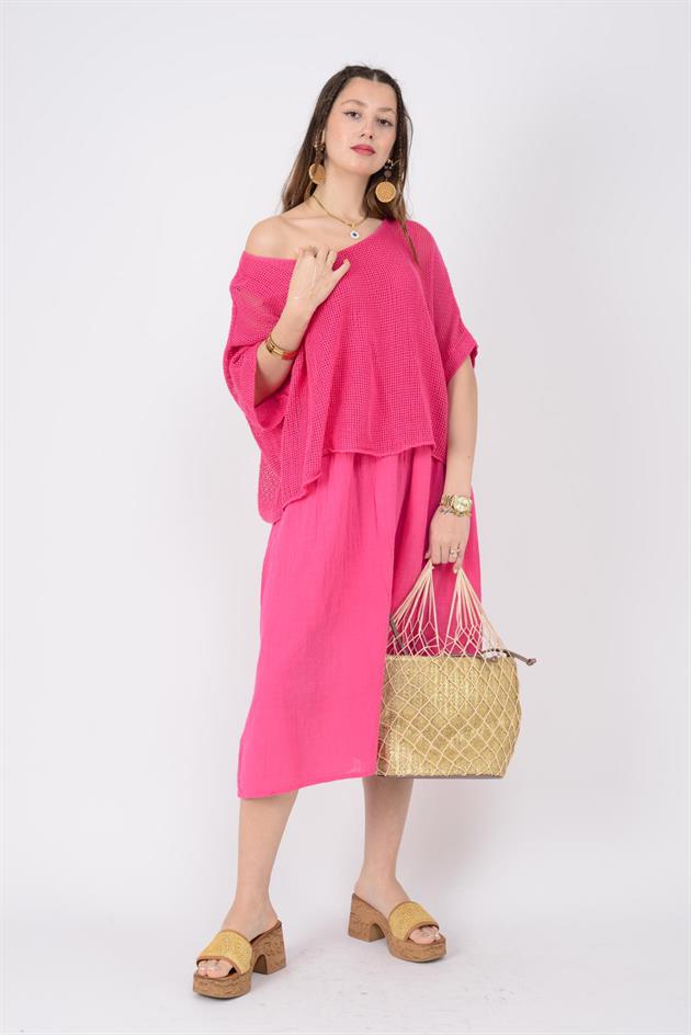 19056 DUAL KATLI KETEN ELBİSE