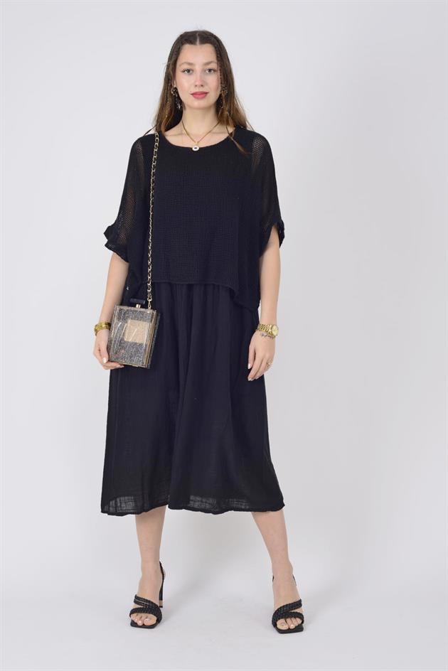 19056 DUAL KATLI KETEN ELBİSE