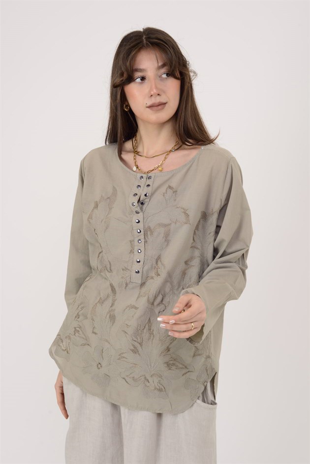 19103 PAYET DETAYLI İŞLEMELİ PAMUK BLUZ