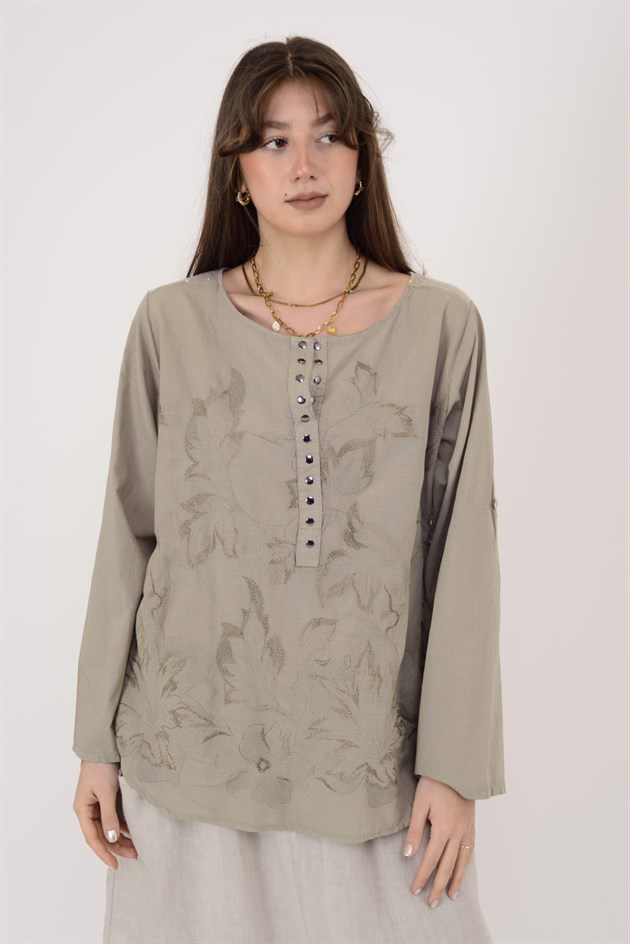 19103 PAYET DETAYLI İŞLEMELİ PAMUK BLUZ
