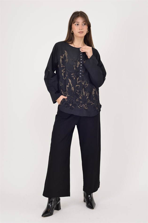 19103 PAYET DETAYLI İŞLEMELİ PAMUK BLUZ