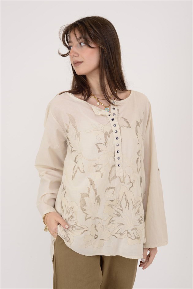 19103 PAYET DETAYLI İŞLEMELİ PAMUK BLUZ