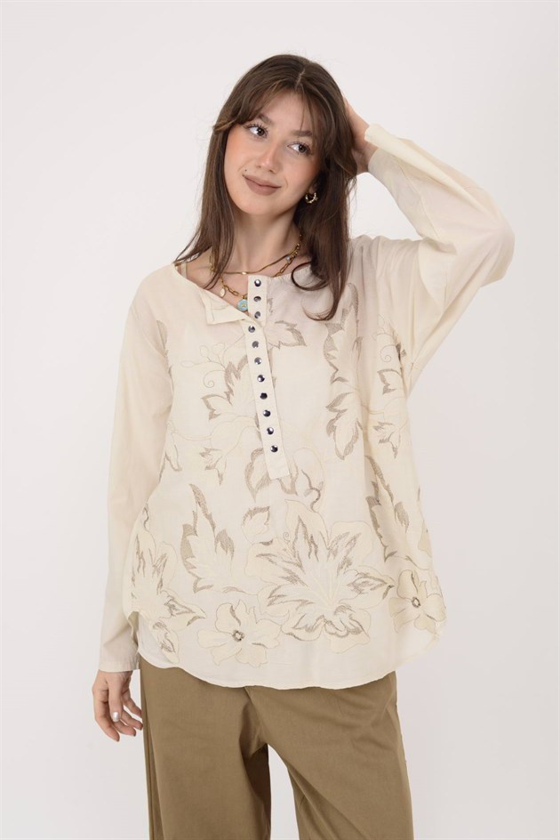 19103 PAYET DETAYLI İŞLEMELİ PAMUK BLUZ