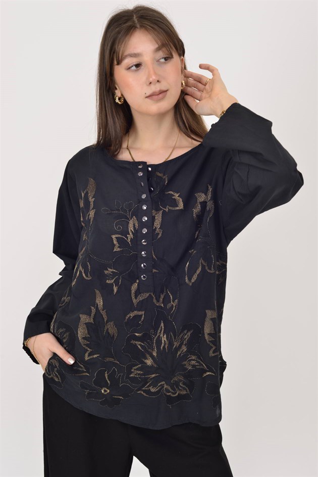 19103 PAYET DETAYLI İŞLEMELİ PAMUK BLUZ