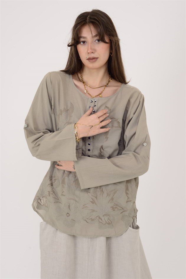 19103 PAYET DETAYLI İŞLEMELİ PAMUK BLUZ