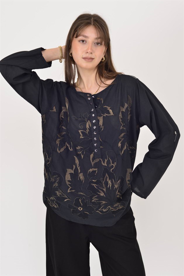 19103 PAYET DETAYLI İŞLEMELİ PAMUK BLUZ