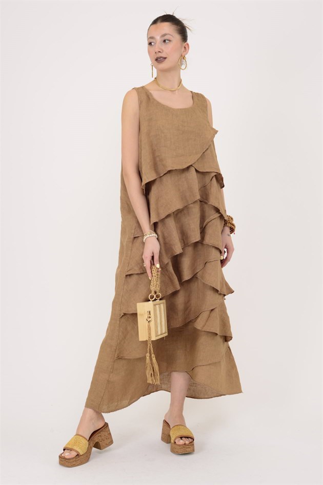 2-08 KAT KAT KOLSUZ KETEN ELBİSE