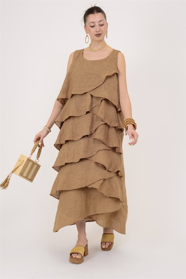 2-08 KAT KAT KOLSUZ KETEN ELBİSE