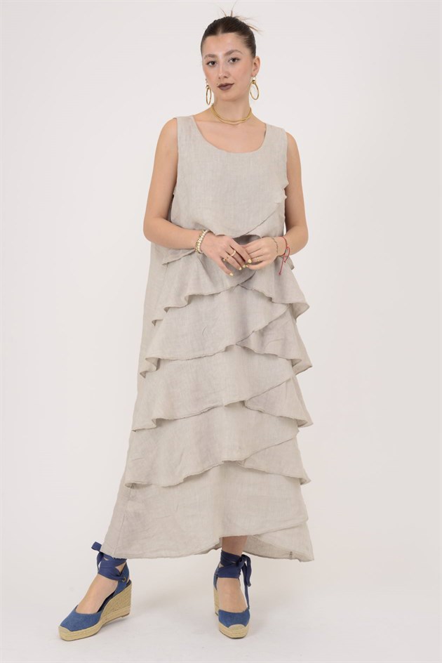 2-08 KAT KAT KOLSUZ KETEN ELBİSE