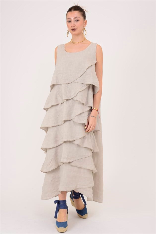 2-08 KAT KAT KOLSUZ KETEN ELBİSE