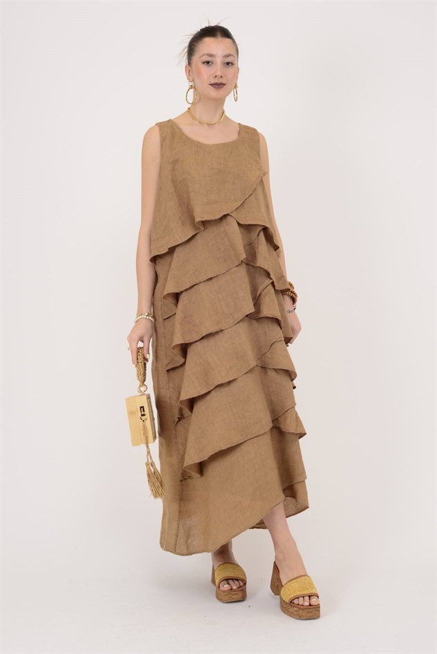 2-08 KAT KAT KOLSUZ KETEN ELBİSE