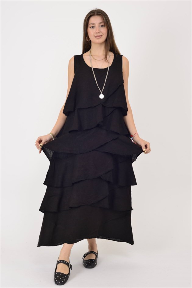 2-08 KAT KAT KOLSUZ KETEN ELBİSE