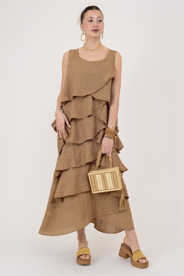 2-08 KAT KAT KOLSUZ KETEN ELBİSE