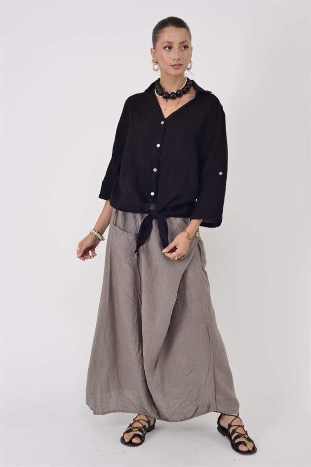 20-62 SIRTI GÜPÜRLÜ ÖNDEN BAĞLAMALI KETEN GÖMLEK