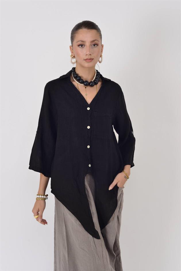 20-62 SIRTI GÜPÜRLÜ ÖNDEN BAĞLAMALI KETEN GÖMLEK