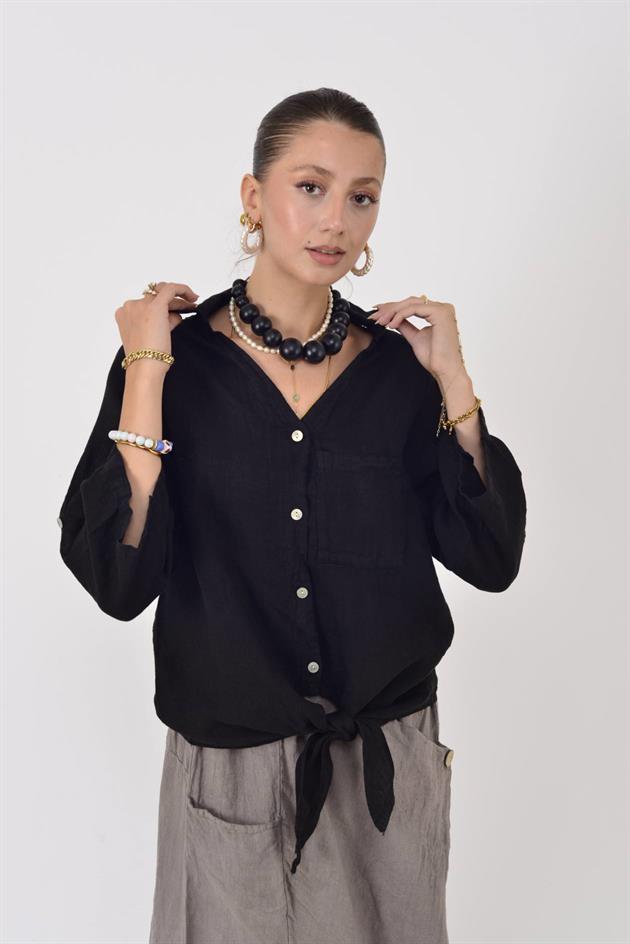 20-62 SIRTI GÜPÜRLÜ ÖNDEN BAĞLAMALI KETEN GÖMLEK