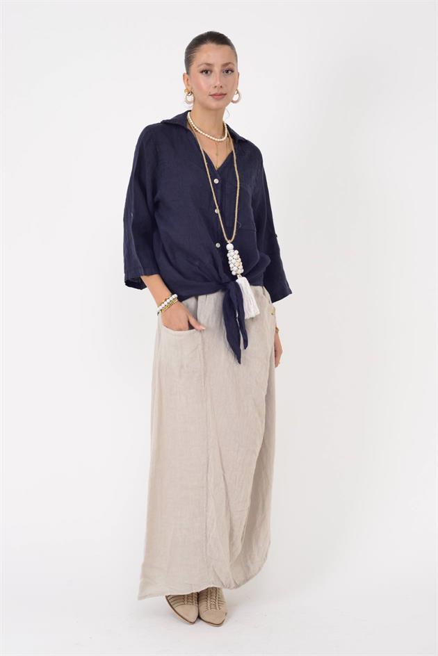 20-62 SIRTI GÜPÜRLÜ ÖNDEN BAĞLAMALI KETEN GÖMLEK