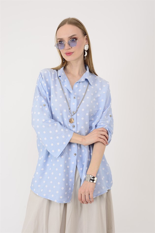 20164 PUANTİYE DESEN BAĞLAMALI DÖKÜMLÜ GÖMLEK