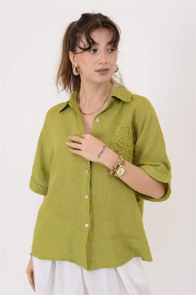 20341 KABARTMALI ÇİÇEK DETAYLI KISA KOL KETEN GÖMLEK