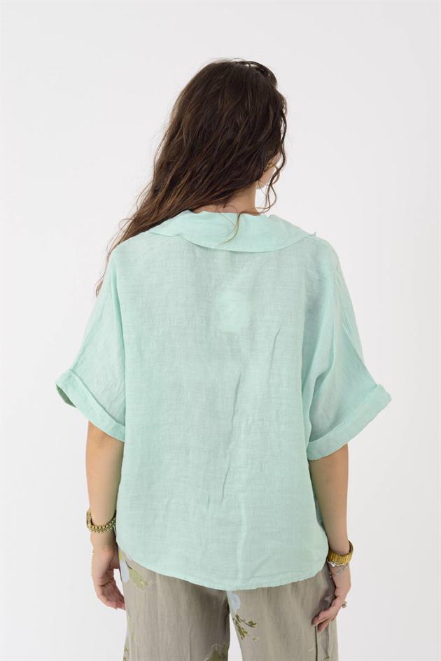 20341 KABARTMALI ÇİÇEK DETAYLI KISA KOL KETEN GÖMLEK