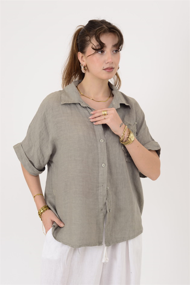 20341 KABARTMALI ÇİÇEK DETAYLI KISA KOL KETEN GÖMLEK