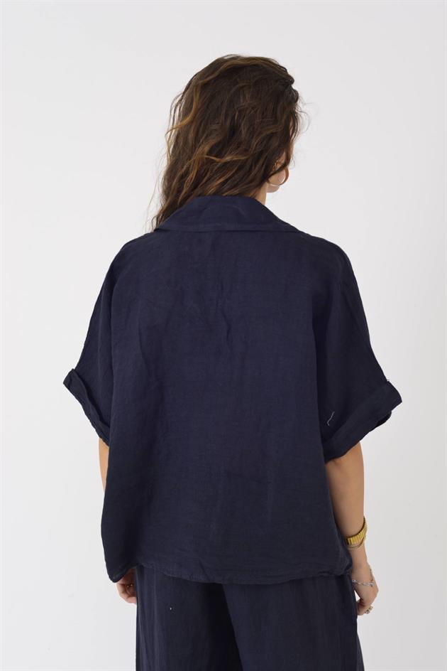 20341 KABARTMALI ÇİÇEK DETAYLI KISA KOL KETEN GÖMLEK