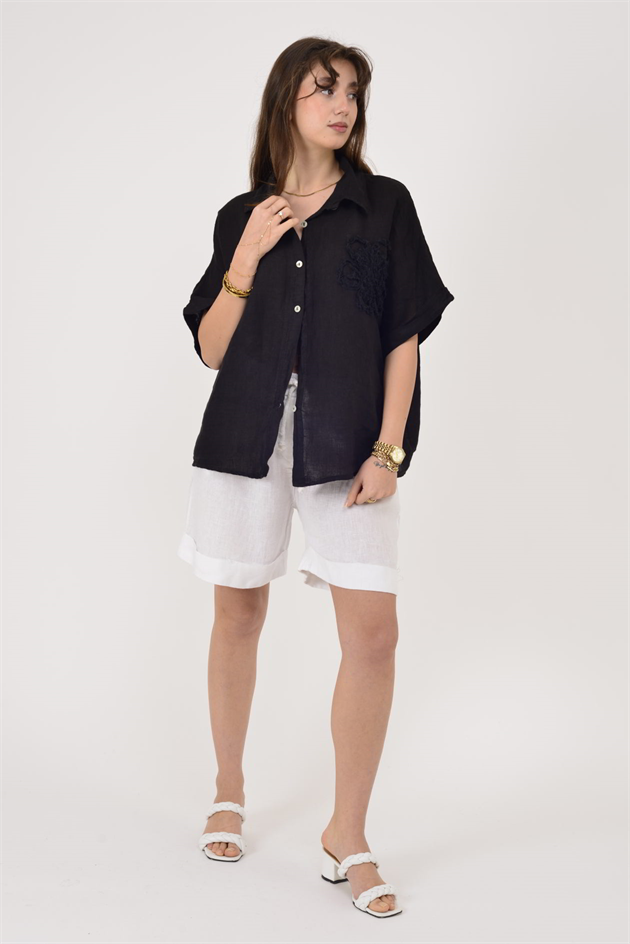 20341 KABARTMALI ÇİÇEK DETAYLI KISA KOL KETEN GÖMLEK