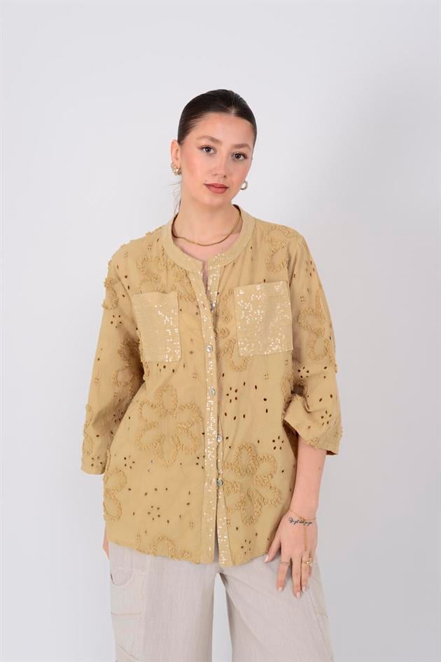 20379 ÇİÇEK KABARTMALI PAYETLİ GÖMLEK