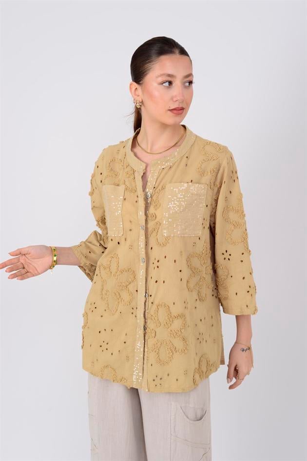 20379 ÇİÇEK KABARTMALI PAYETLİ GÖMLEK