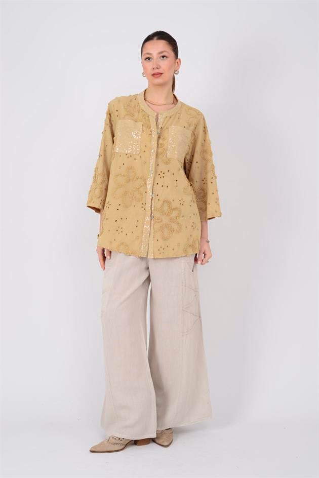 20379 ÇİÇEK KABARTMALI PAYETLİ GÖMLEK