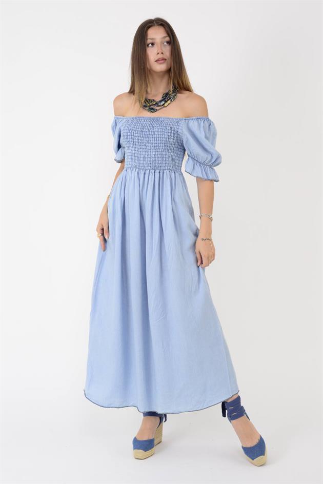 20451 GİPELİ MADONNA YAKA KOT GÖRÜNÜMLÜ TENSEL ELBİSE