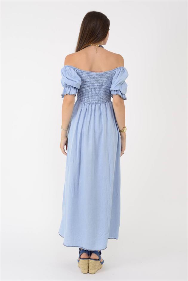 20451 GİPELİ MADONNA YAKA KOT GÖRÜNÜMLÜ TENSEL ELBİSE