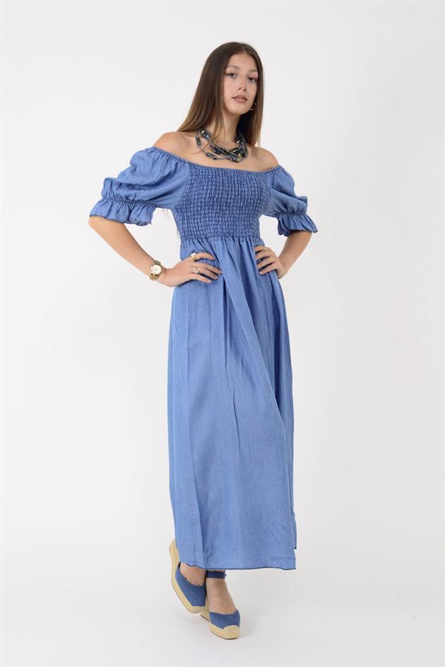 20451 GİPELİ MADONNA YAKA KOT GÖRÜNÜMLÜ TENSEL ELBİSE