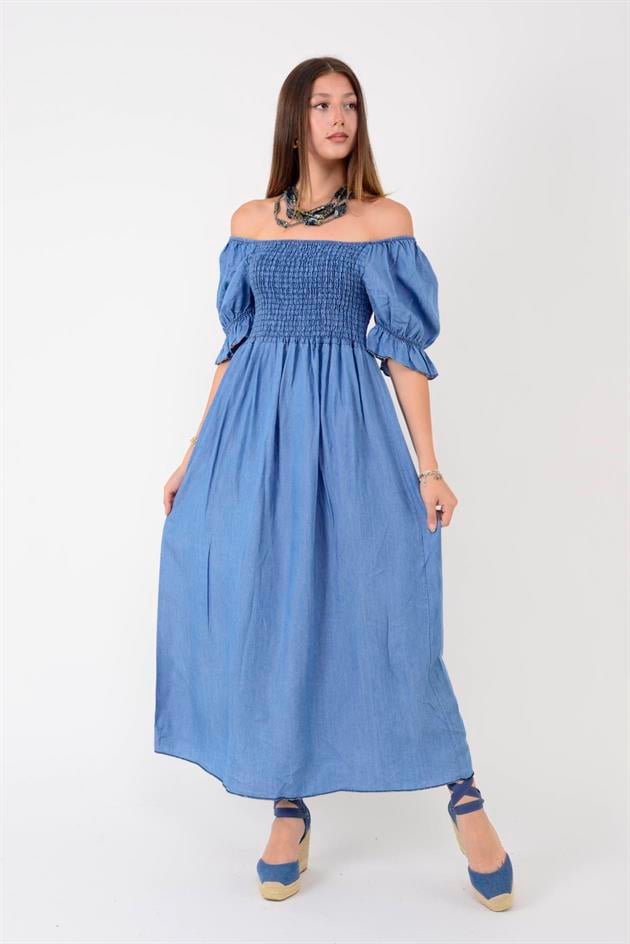 20451 GİPELİ MADONNA YAKA KOT GÖRÜNÜMLÜ TENSEL ELBİSE