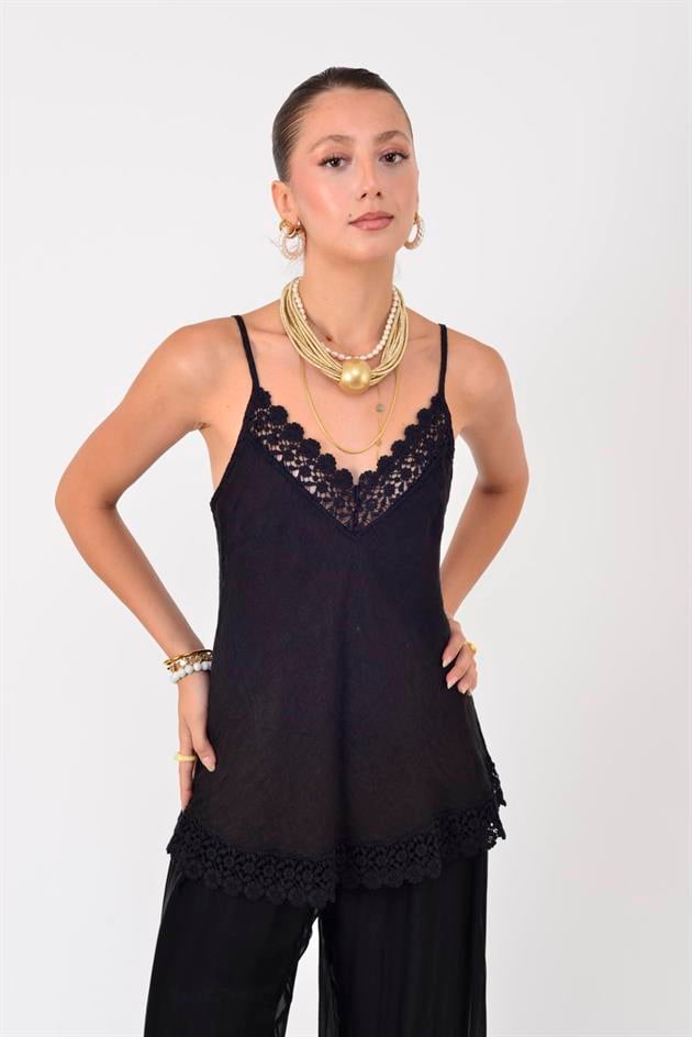 20585 DANTELLİ ASKILI KETEN BLUZ