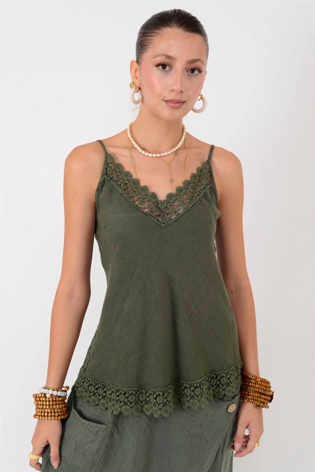 20585 DANTELLİ ASKILI KETEN BLUZ