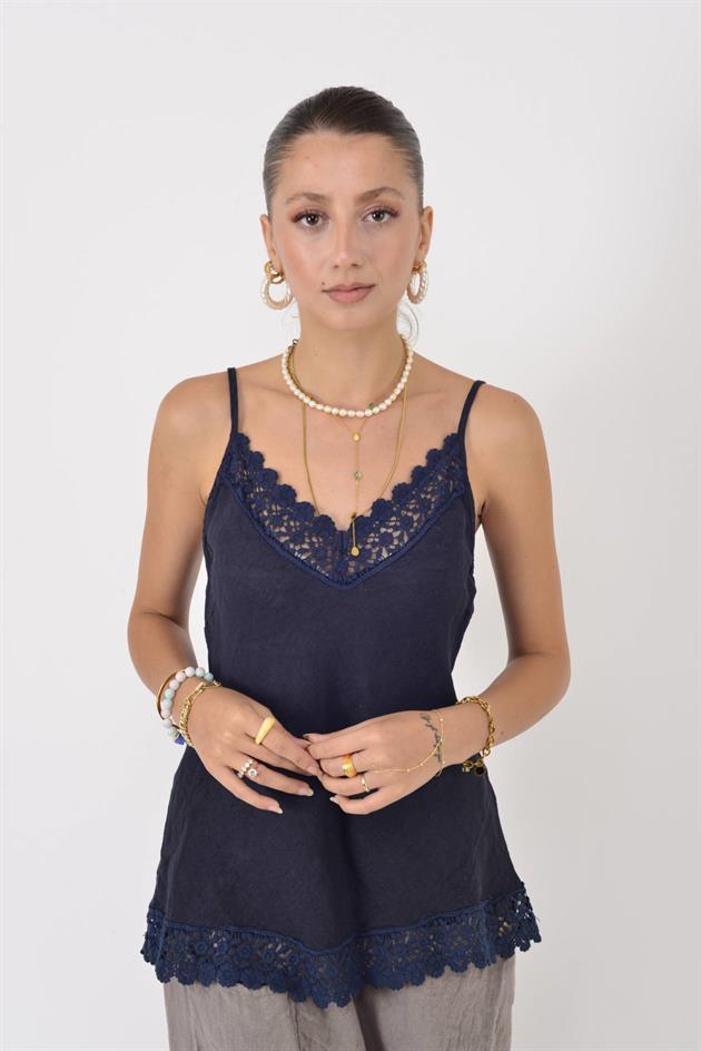 20585 DANTELLİ ASKILI KETEN BLUZ