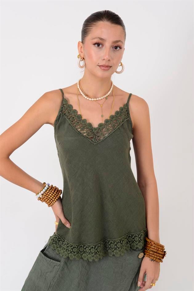 20585 DANTELLİ ASKILI KETEN BLUZ