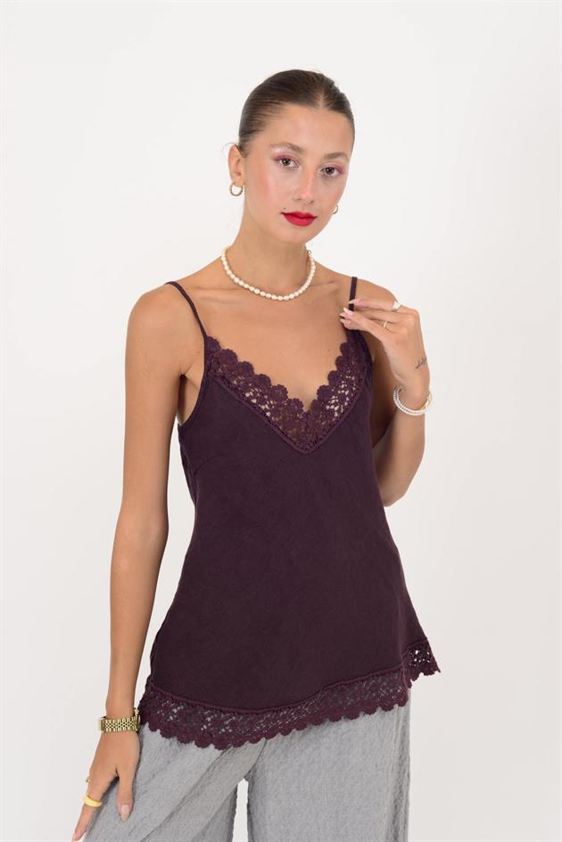 20585 DANTELLİ ASKILI KETEN BLUZ