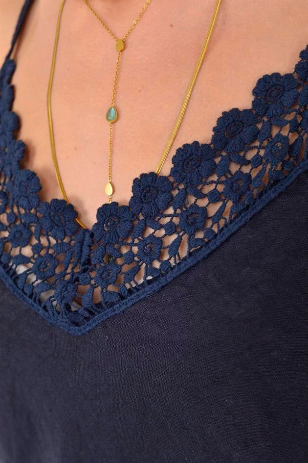 20585 DANTELLİ ASKILI KETEN BLUZ