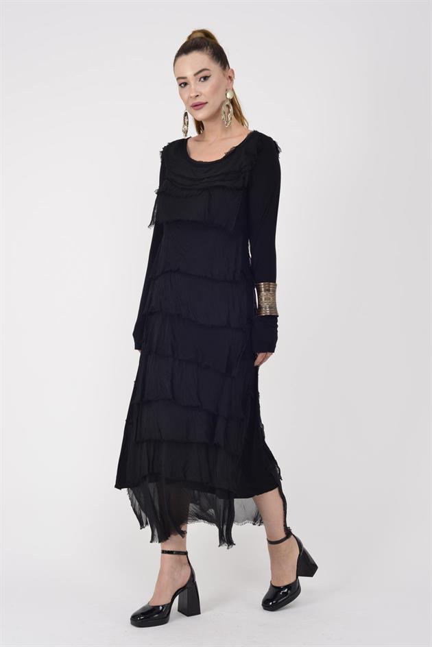 2078 UZUN KOLLU KAT KAT İPEK ELBİSE